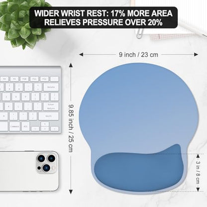 ITNRSIIET Ergonomic Mouse Pad with Wider Memory Foam Wrist Rest +17%, Curved Cushion Reduces Pressure 20%, Pain Relief, Non-Slip, Smooth, Cute Color Desk Accessory, 9.85 x 9 inch, Gradient Blue Ombre - color: Gradient Blue Ombre