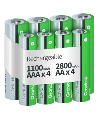 Granicell 8 Sets NiMH 4 Pack AA & 4 Pack AAA Rechargeable Batteries | 1.2V for Blink Cameras, Smart Locks Alarms & Tech Devices|10-Year Life Leak-Proof, Extreme-Temp Resistant - size: AA&AAA-4