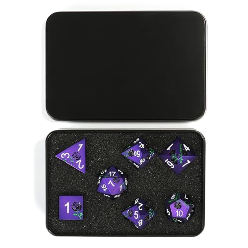 Rose Engraved Metal Dice Set 7PCS for DND RPG Tabletop Gaming | Solid zinc alloy build with 150g weight for balanced rolls(Purple with Black Rose) - color: Purple With Black Rose
