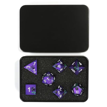 Rose Engraved Metal Dice Set 7PCS for DND RPG Tabletop Gaming | Solid zinc alloy build with 150g weight for balanced rolls(Purple with Black Rose) - color: Purple With Black Rose