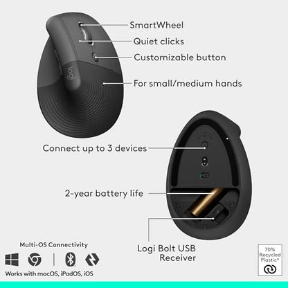 Logitech Wave Keys & Lift Vertical Mouse - Ergonomic Wireless Keyboard and Mouse Combo - with Cushioned Palm Rest, Easy-Switch, Bluetooth, for Multi-OS, Windows/Mac - Graphite - color: Graphite, style: Right-Handed