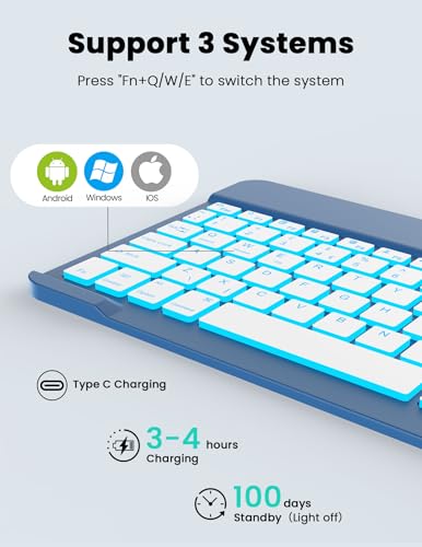 LAMA 7 Colors Backlit Bluetooth Keyboard and Mouse Combo for iPad Pro/Air/Mini, Ultra-Slim Rechargeable Wireless Keyboard and Mouse for iPhone 15/14/13 Pro/Samsung/PC/Laptop/iOS/Windows/Android,DBL - color: Dark Blue