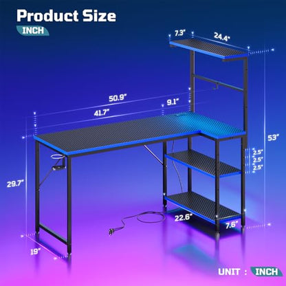 52" L-Shaped Gaming Desk with Power Outlets LED Lights, Black&Blue | Reversible Design, LED Lights, 4-Tier Storage Shelves, Headphone Hook, Foldable Cup Holder, Computer Desk, Home Office - color: Black&blue, size: 52 Inch