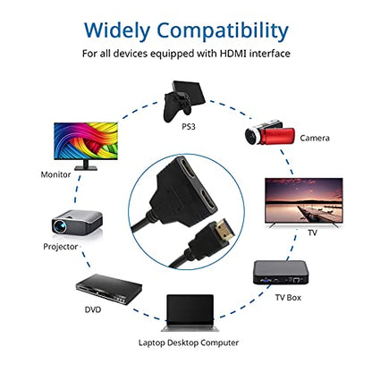 HDMI Splitter Cables Male 1080P to Dual Female 1 to 2 Way HDMI Splitter Adapter Cable for HDTV HD, LED, LCD, TV, Mirror Only Support Two The Same Size TVs at The Same Time 30cm