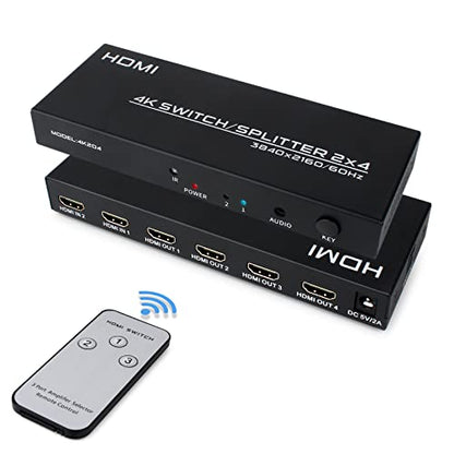 4K HDMI Switch Splitter 2 in 4 Out, 4K@60Hz 2x4 HDMI Matrix Splitter Switch with Remote, 3.5mm and SPDIF Audio Output, Support 4K HDR 3D HDMI 2.0 HDCP 2.2 for PC,Laptop,PS4,Xbox,HDTV