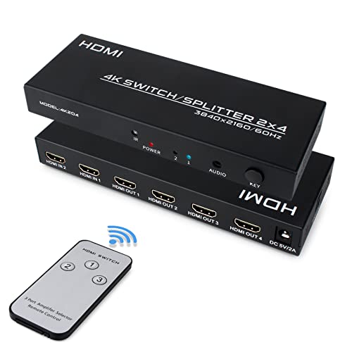 4K HDMI Switch Splitter 2 in 4 Out, 4K@60Hz 2x4 HDMI Matrix Splitter Switch with Remote, 3.5mm and SPDIF Audio Output, Support 4K HDR 3D HDMI 2.0 HDCP 2.2 for PC,Laptop,PS4,Xbox,HDTV