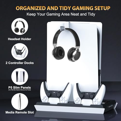 PS5 / PS5 Slim Cooling Station with Dual Controller Charging Station, PS 5 Cooling Stand for PlayStation 5 Console, Headset Holder/ PS 5 Cooling Fan/4 USB Hub All in One Accessories Organizer, Black - color: Black