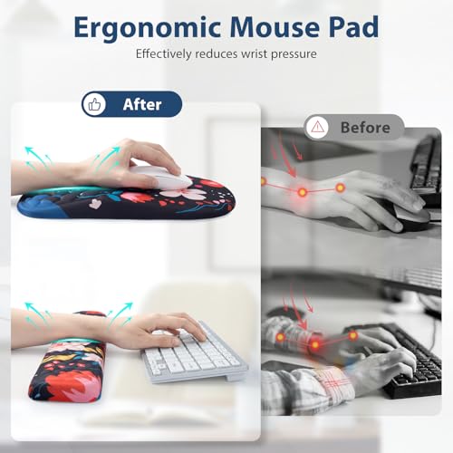 EYROZILL 3 in 1 Ergonomic Mouse Pad and Keyboard Wrist Rest, Cute Mouse Pad with Wrist Support Massage Design, Non-Slip Wrist Pad for Mouse, Desk Mouse Set(Flower) - color: Flower