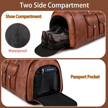 Garment Bag for Travel Convertible Carry on Travel Duffel Bag for Men Women | 3PCS Large Weekender Bag with Waterproof Shoes Pouch 2 in 1 Hanging Clothes Suit Dress Bag Travel Garment Duffel Bag 56L - color: A5-Brown-Faux Leather