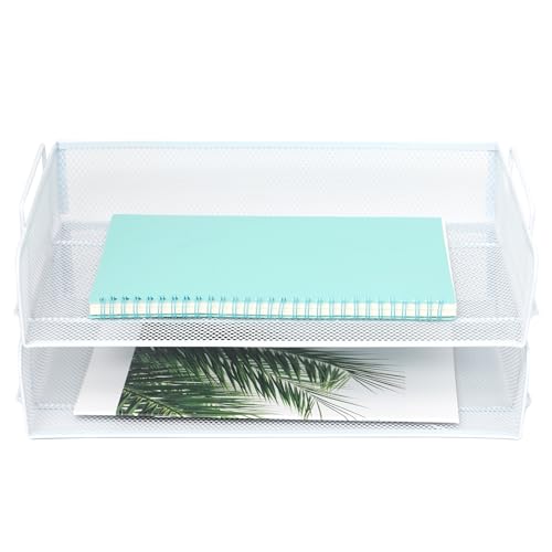 EASEPRES 2 Pack Stackable Desk Paper Tray, Metal Mesh Desktop Document Letter File Organizer for Office Home School, 13.5'' L x 9.75'' W x 5.5'' H, White - color: 2 Pack White