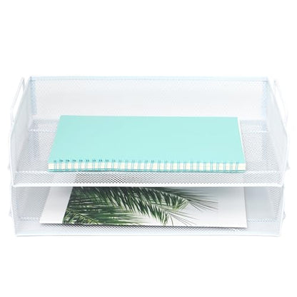EASEPRES 2 Pack Stackable Desk Paper Tray, Metal Mesh Desktop Document Letter File Organizer for Office Home School, 13.5'' L x 9.75'' W x 5.5'' H, White - color: 2 Pack White