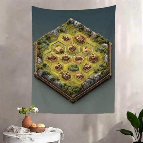 Batmerry Hex Grid Battlefield Miniature Terrain Tapestry, Isometric Game Map With Villages Wall Art Hanging Polyester Fiber White Ruffled Around for Dorm Room Bedroom Living Room, 59.1x39.4 inches