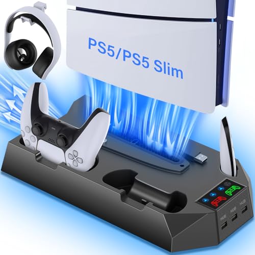 PS5 Slim Stand and Cooling Station with Controller Charging Station for Playsation 5 Slim&Standard Disc/Digital Console, PS5 Accessories Incl. Charger/Turbo Fan/3 USB Hub/Headset Holder - Black - color: WORK WITH PS5 Slim + PS5