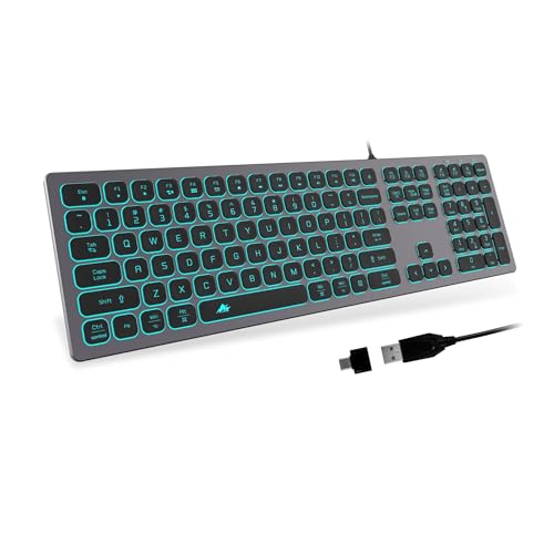POWZAN Aluminum Quiet Wired Slim Chiclet Keyboard - Compatible with Apple iMac, MacBook, Mac and PC, USB Numeric Keypad RGB Lighted Key - Space Gray - color: KB770-Space Gray