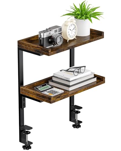 Clamp On Desk Shelf 2-Tier, 12.5 inche Wood Shelving Unit for Office Desk/Gaming Accessories, Tabletop Book Storage Rack, Shelf for Top & Under of Desk, Brown - color: 2-tier 12.5 Inches Brown
