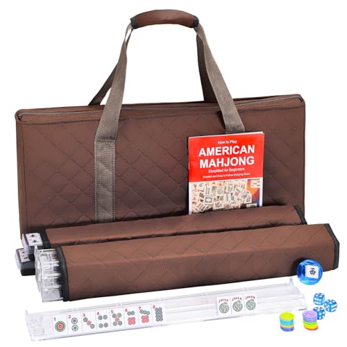 American Mahjong Tile Set with Brown Bag, 166 White Tiles with Accessories, 4 Mahjong Racks with Pushers, Mahjong Set for Beginners (Ma Jong, Mah-Jongg) - color: Brown