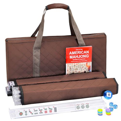 American Mahjong Tile Set with Brown Bag, 166 White Tiles with Accessories, 4 Mahjong Racks with Pushers, Mahjong Set for Beginners (Ma Jong, Mah-Jongg) - color: Brown