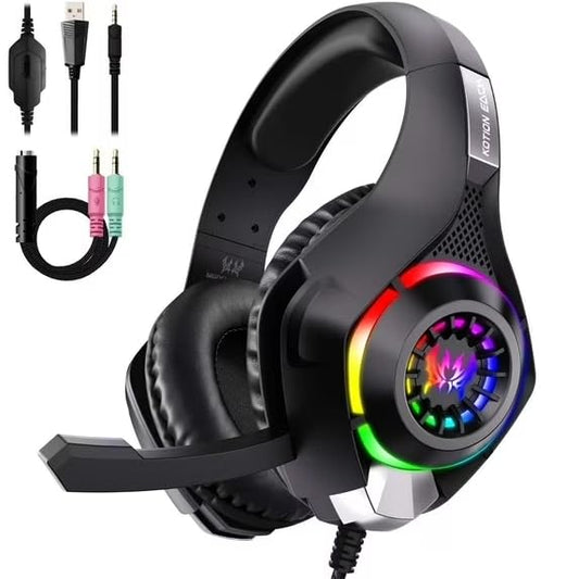 Gaming Headsets Wired for with RGB Light, Noise Canceling Mic,Surround Sound,Over Ear Muffs Gaming Headphones,Black