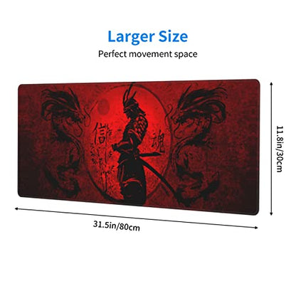 Japanese Samurai Mouse Pad XL Extended Desk Mat, Computer Mousepad | Cool Anime Red And Black Dragon Non Slip Rubber, Base Stitched Edge, Gaming Pc Large Mice Pad 31.5 x 11.8 Inch - color: Black5
