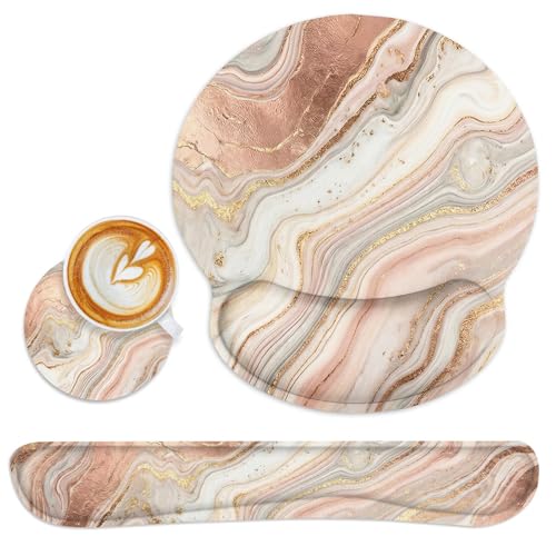 Ergonomic Mouse Pad Set with Wrist Rest, Gold Pink Marble | Abstract Non-Slip Rubber Base Wrist Cushion Support and Coasters Mousepad with Wrist Support for Computer Keyboard - color: Gold Pink Marble