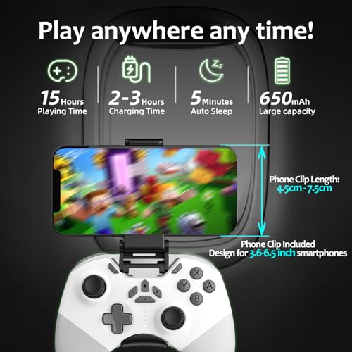 Hall Effect Bluetooth Controller for Switch/PC/iPhone/Android/Apple Arcade MFi Games/Mac/TV/Steam, Pro Wireless Game Controller with Phone Clip with Lock Speed/6-Axis Gyro/Dual Motors/Turbo/Switch Key - color: White