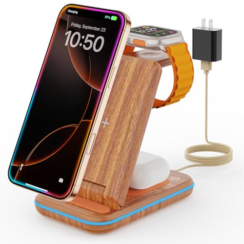 Wireless Charging Station: GEEKERA 3 in 1 Foldable Wireless Charger Stand for iPhone 17/16/15/14/13/12/11/Pro Max/X/8, Charging Station for Apple Watch Ultra/SE/11/10/9/8/7/6/5/4, AirPods 4/3/2/Pro - color: Dark Wood