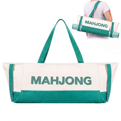 Abbylike 28x9 Inches Mahjong Bag for Rolled Mat Tiles Racks Pushers Accessories Empty Mahjong Tote Bag with Zipper Closure Outer Pockets Lining Large Capacity (Beige&Teal,Canvas) - color: Beige&teal