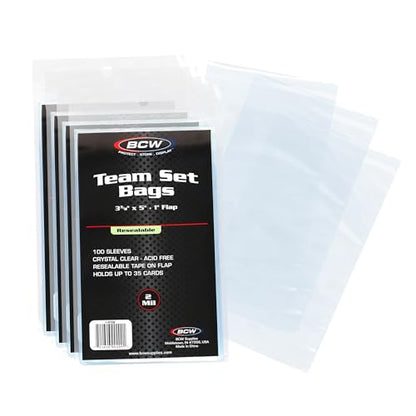 BCW Resealable Team Set Bags for Trading Cards, 400 Count | Holds up to 35 loose cards, 5 standard 35 pt toploaders, or magnetics up to 108 pt with an adhesive flap closure. - size: 400 Pack
