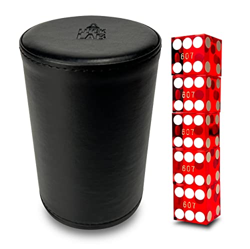 Luck Lab Black Leather Dice Stacking Cup with 5 Serialized Razor Edge 19 mm Casino Dice - Pro Straight Cup for Stacking and Magic Tricks (Red Dice) - color: Red Dice
