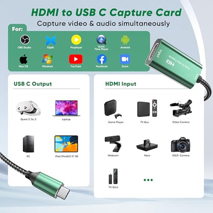 Video Capture Card,4K USB 3.0 HDMI to USB C Capture Card,1080P 60FPS Capture Card for Gaming, Streaming, Compatible with IPad Windows Mac OS Switch PS5/4 Xbox OBS Zoom DSLR Camera (Green)