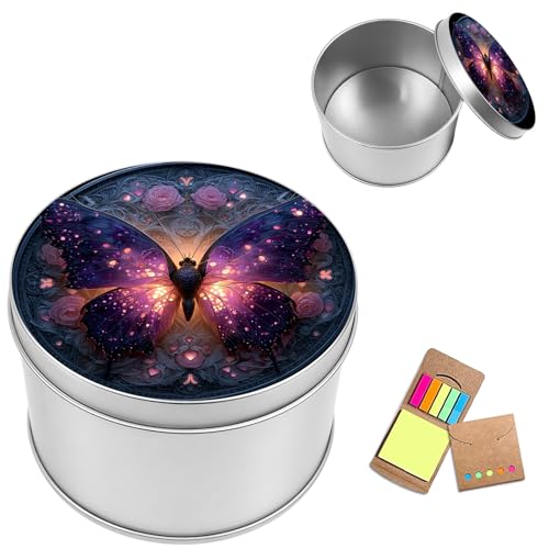 Metal Round Storage Containers Box with Lid, Metal Tins Organizer Box for Earring Jewelry Craft Trinket Keys Watch, Glow Butterfly Design Decorative Storage Case with Notepad - color: Glow Butterfly