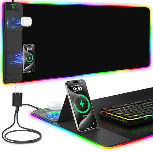 Mouse Pad with Foldable Phone Holder & Wireless Charger, XXL RGB Gaming Mousepad 31.5"x15.8" Large Desk Mat for Keyboard, Black Desk Pad with Dual Qi Charging Station | 11 Colors 5 Modes | Waterproof - color: 31.5x15.75"Phone Stand-Black w/PD Charger Upgr