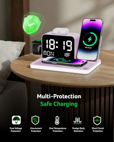 Acer 7-in-1 Wireless Charging Station with LED Clock - 30W Fast Wireless Charger for iPhone 16/15/14/13/12/Pro Max, Apple Watch, AirPods - Bluetooth Auto Time Sync & Night Lights (Purple) - color: Purple
