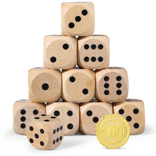 Poen 10 Pcs Wooden Dice Set 30mm 1.18 Inches D6 Large Jumbo 6 Sided Game Dice Bulk with Numbers 1-6 Round for Table Board Games Party Favors (Natural Wood) - color: Natural Wood
