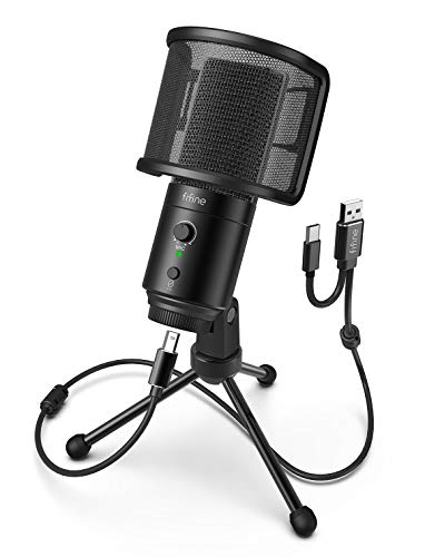 FIFINE USB Desktop PC Microphone with Pop Filter for Computer and Mac, Studio Condenser Mic with Gain Knob Mute Button Headphone Jack for Gaming Streaming Recording YouTube, Extra USB-C Plug-K683A