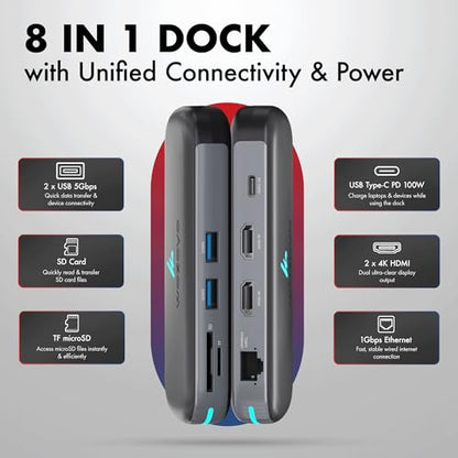 Type C 8 in 1 Wozoyo Docking Station with Dual USB 5Gbps, Dual 4K HDMI, Gigabit Ethernet, SD & TF Card Reader, PD 100W, USB-C Hub, Compatible with Thunderbolt 4, macOS, Windows, Android & iOS - style: 8-in-1