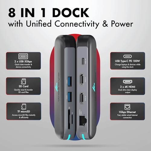 Type C 8 in 1 Wozoyo Docking Station with Dual USB 5Gbps, Dual 4K HDMI, Gigabit Ethernet, SD & TF Card Reader, PD 100W, USB-C Hub, Compatible with Thunderbolt 4, macOS, Windows, Android & iOS - style: 8-in-1