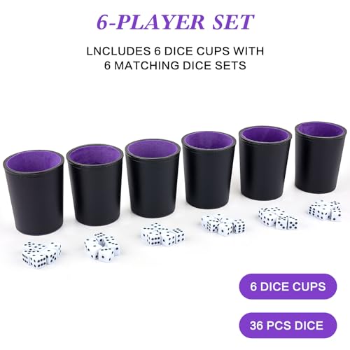 Felt-Lined PU Leather Dice Cup Set, 6 Quiet Dice Shaker Cups with 36 Dices for Bar Party Yahtzee Farkle Dice Games, Purple - color: Purple