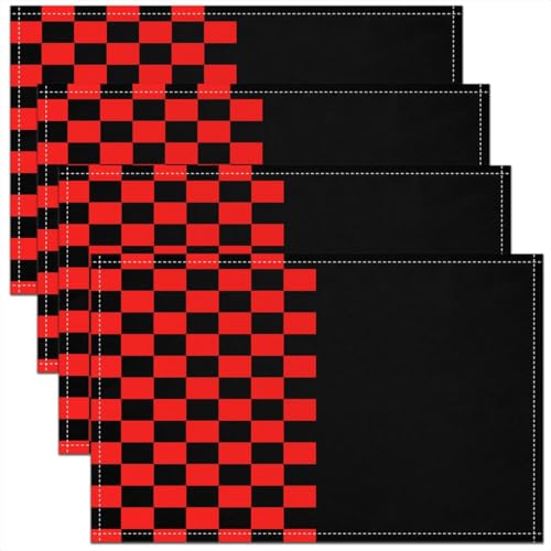 Geometric Lattice Kids Placemats Set of 4,Video Games Check Lattice Table Place Mats,Grid Fashion Simple Kitchen Decor,Black Red Placemat Kitchen Table Decoration 12"x18" - color: Black Red