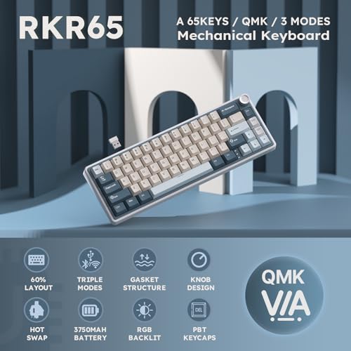 RK ROYAL KLUDGE R65 Wireless Mechanical Keyboard with Volume Knob, Tri-Mode 2.4G/USB-C/BT Gasket Mounted 60% Gaming Keyboard with 66Keys, PBT Keycaps, QMK/VIA, Hot Swappable Cream Switch, Blue - color: Blue