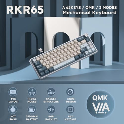 RK ROYAL KLUDGE R65 Wireless Mechanical Keyboard with Volume Knob, Tri-Mode 2.4G/USB-C/BT Gasket Mounted 60% Gaming Keyboard with 66Keys, PBT Keycaps, QMK/VIA, Hot Swappable Cream Switch, Blue - color: Blue