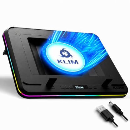 KLIM Turbofrost MAX Gaming Laptop Cooling Pad, Patented TurboFan XL | Smart Inlay for direct airflow, dual USB-C/DC power, 3 extra USB ports, up to 17.3in, LCD, RGB, Adjustable Speed