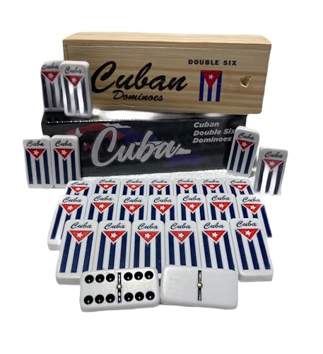 PRK 14 Cuban Double Six Dominoes Set - Classic Cubano Flag Combo Design with Wooden Box, Engraved Cuban Flag, Quality Tiles for Authentic Domino Experience