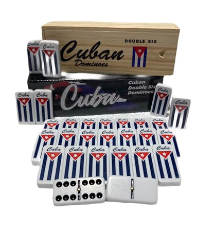 PRK 14 Cuban Double Six Dominoes Set - Classic Cubano Flag Combo Design with Wooden Box, Engraved Cuban Flag, Quality Tiles for Authentic Domino Experience