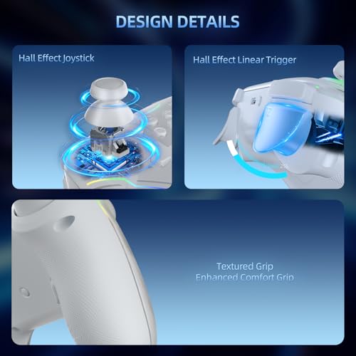 JDDWIN Wireless Controller for Switch 2/Switch/PC/Steam Deck, Hall Effect Joysticks & Triggers/Wake-up Function, Gamepad with RGB Light /Turbo/Programmable/ Dual Vibration Bluetooth USB Adapter for PC (White) - color: White