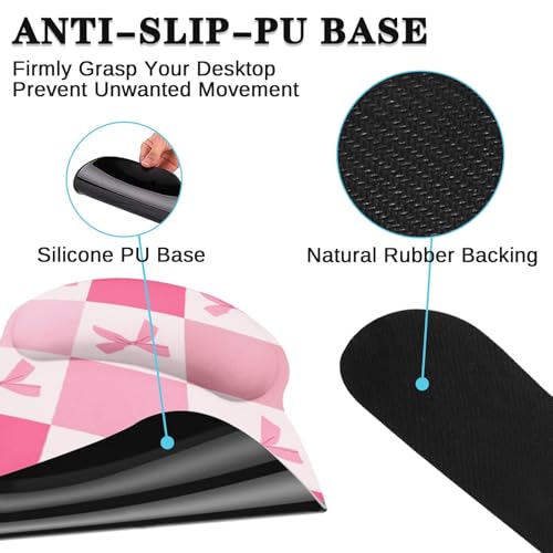 Arttown Keyboard Mouse Pad Set, 4 in 1 Desk Mat Set Kawaii Cute | Pink Checkered Bow Large Mousepad+Keyboard Wrist Rest+Mouse Wrist Rest+Coaster Ergonomic Design for Home Office Computer - color: Pink bow lattice