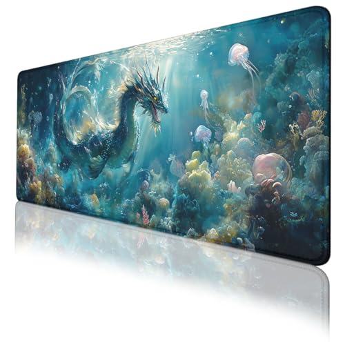 Water Dragon Gaming Mouse Pad Ocean Underwater World Dragon Extended Mousepad Waterproof Stitched Edges Rubber Base Non-Slip Deskpad Computer Keyboard Mat 31.5"x11.8" - color: Water Dragon, size: 31.5L x 31.5W inches