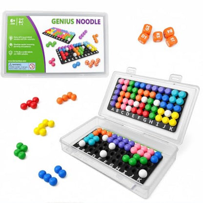 Genius Noodle — 2-Player Ball Puzzle Race | Roll 5 Dice, 7,776 Unique Challenges, 100% Solvable | 2 Boards, 2 Sets of 14 Colorful Noodle Pieces | STEM Brain Teaser for Kids Ages 6+, Family Game Night