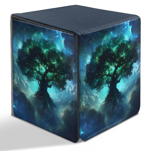 BVDIKMI Card Deck Box for MTG, Card Storage Box Fits 100+ Single Sleeved Cards, PU Leather Strong Magnet Card Deck Case Holder for Magic Commander TCG CCG, Galaxy Tree - color: Galaxy Tree