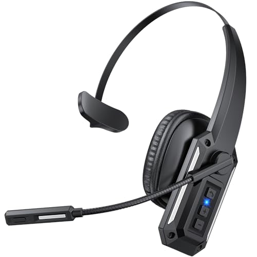 Trucker Bluetooth Headset with Mic, Wireless Headset for Work with Mute Button, 60H Battery, Over Ear Bluetooth Headset for Truck Driver, Office, Laptop, Cell Phone, Black